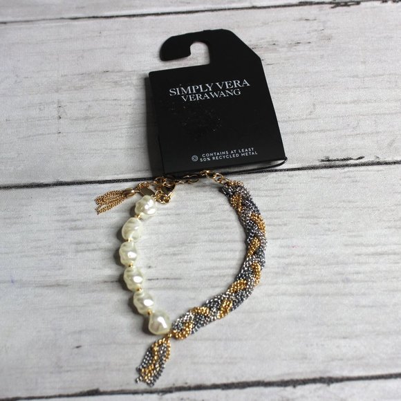 Vera Wang Women's Braided Chain Bracelet Faux Pearls - Picture 1 of 6